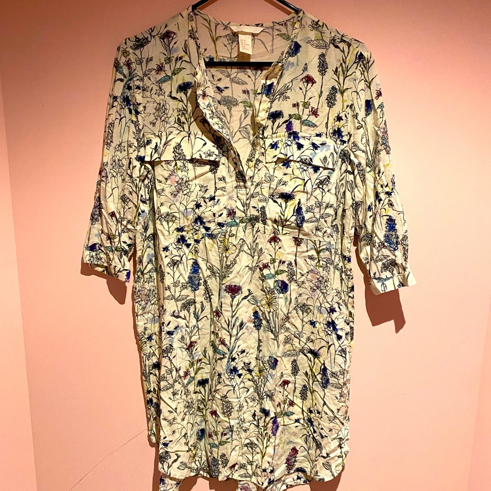 H&M Cream Floral Midi Dress with Multicolor Botanical Print